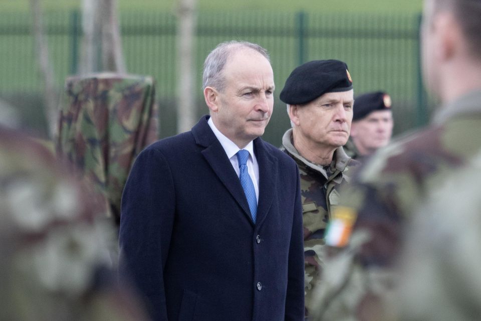 Micheál Martin with Lt Col Morgan inspect the parade in Finner. (NW Newspix)