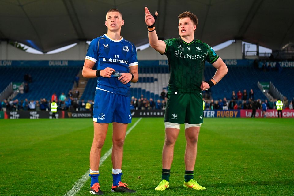 Sam Prendergast of Leinster and his brother Cian Prendergast of Connacht in conversation after their URC match on Friday. Photo: Sam Barnes/Sportsfile