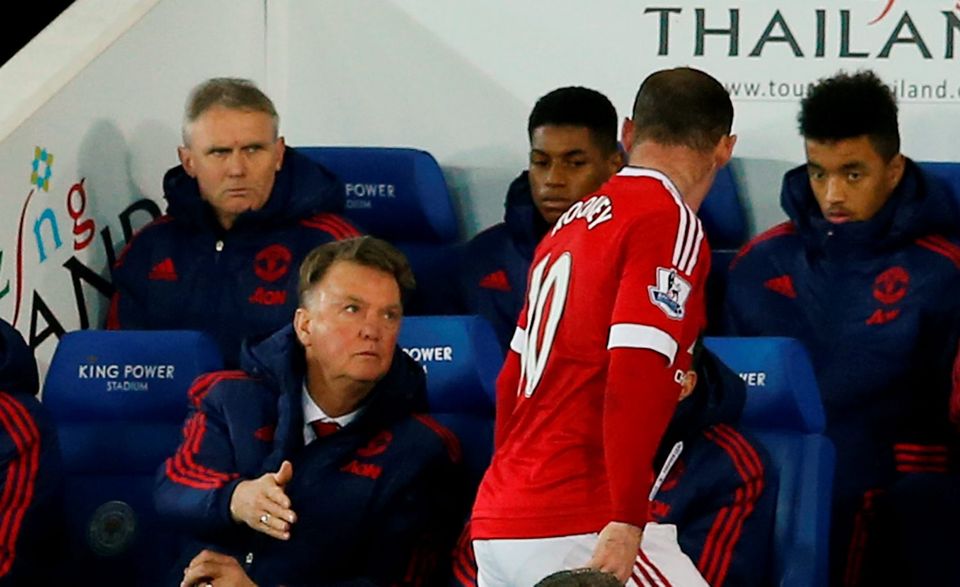 Wayne Rooney with Manchester United manager Louis van Gaal after he was substituted