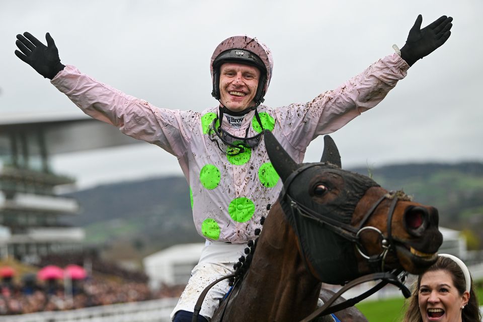 Paul Townend celebrates aboard Gaelic Warrior after winning the Novices’ Chase at Cheltenham. Photo: Sportsfile