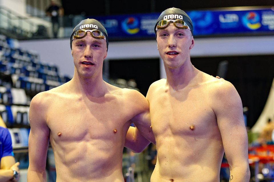 Ireland's Nathan, left, and Daniel Wiffen at the European Short Course Swimming Championships at the Aquatics Complex in Otopeni, Romania last December. Photo: Nikola Krstic/Sportsfile