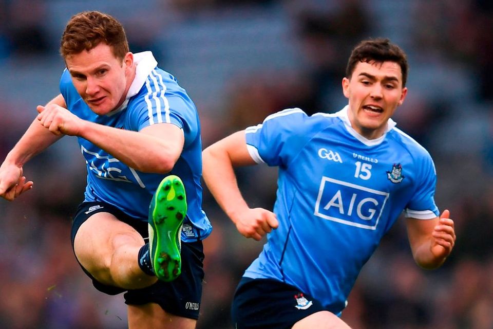 KICKING ACTION: Dublin’s Ciarán Kilkenny goes for a score during yesterday’s clash against Kerry. Photo: SPORTSFILE