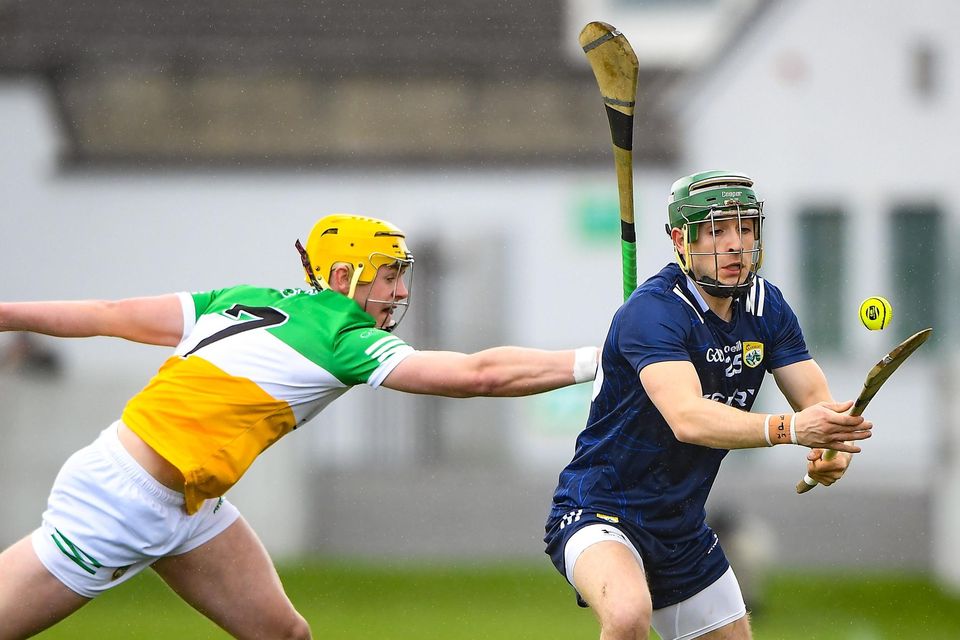 Jordan Conway of Kerry in action against Killian Sampson of Offaly during the Allianz Hurling League Division 2A Semi-Final match between Offaly and Kerry at Glenisk O'Connor Park in Tullamore, Offaly. Photo by Matt Browne/Sportsfile