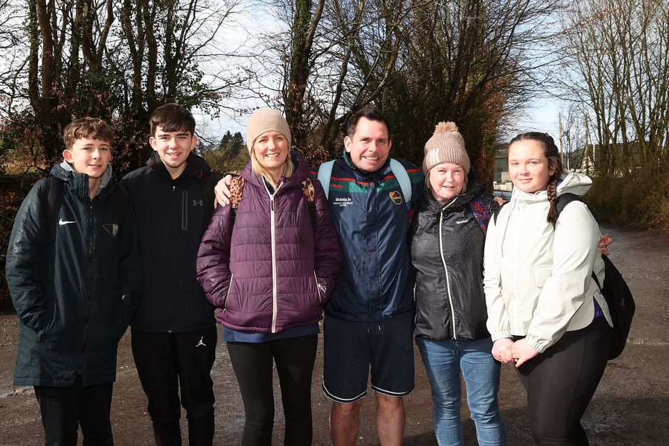 Noah Temple, Zack Temple, Hidie Temple, Marty Temple, Gillian Curran and Anna Curran at the Scoil Chonglais sponsored walk to the top of Lugnaquilla. Photo: Joe Byrne