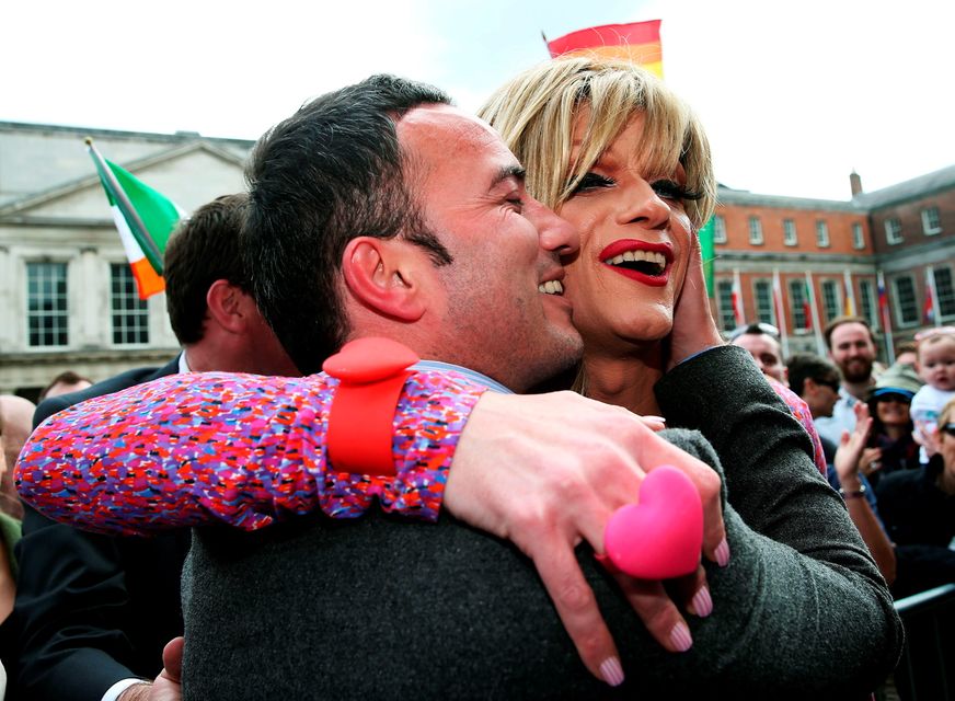 'Panti Bliss' aka Rory O'Neill with John Lyons TD at the Central Count Centre in Dublin Castle, Dublin, after Zappone proposed live on TV as votes are continued to be counted in the referendum on same-sex marriage.  
Brian Lawless/PA Wire