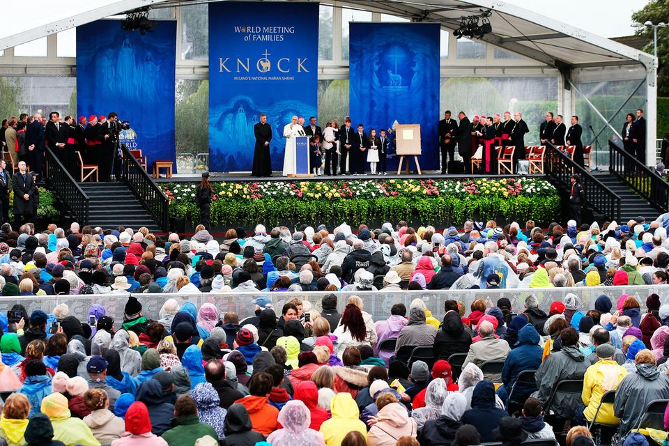 Pope Francis delivers an address to the crowd at Knock Shrine.
Pic Steve Humphreys
26th August 2018