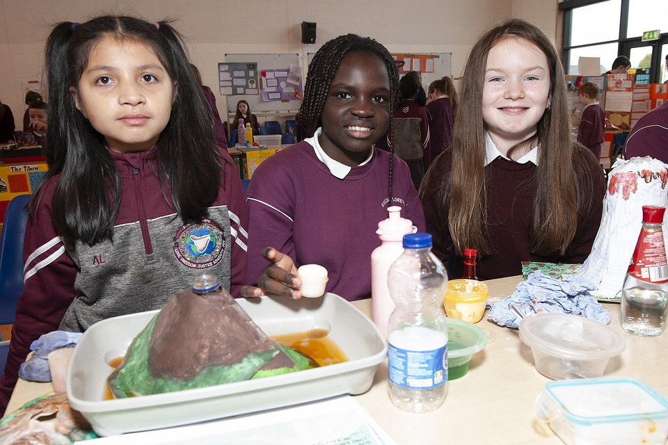 Abusina Ariana, Zoe Mapsa and Mia Byrne are pictured at the science fair in Bonscuil Loreto Gori on Friday.  Photo: Jim Campbell