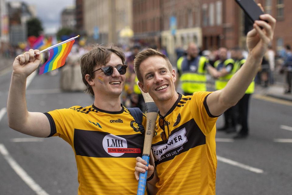 George Saunders (left) Stephen McKenna from East Belfast GAA taking a selfie during Belfast Pride (Credit: Liam McBurney/RAZORPIX)