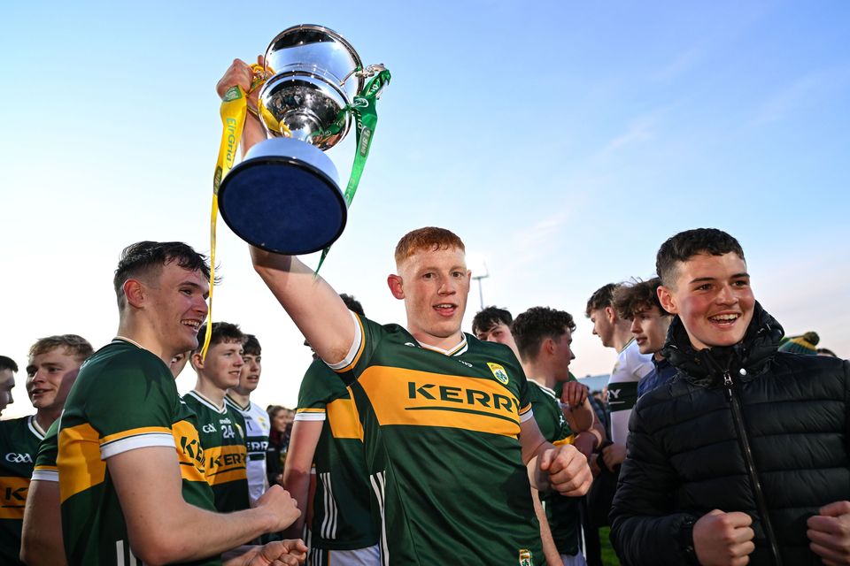 Kerry captain Rob Stack celebrates with the Noel Walsh cup after the Munster U-20 Football Championship Final win over Cork at Austin Stack Park in Tralee. Photo by Sportsfile