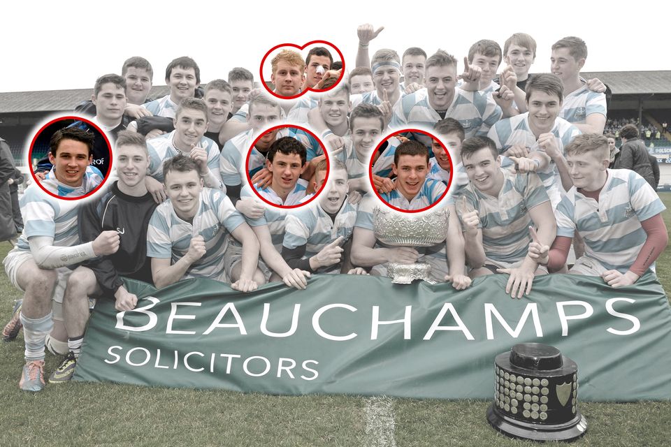 Ten years ago today: The Blackrock College players celebrate after winning the Leinster Schools Senior Cup final against Clongowes. Five future internationals started for the Blackrock team, clockwise from  bottom left, Joey Carbery, Jeremy Loughman, Caelan Doris, Nick Timoney and Hugo Keenan. Photo: Stephen McCarthy/Sportsfile