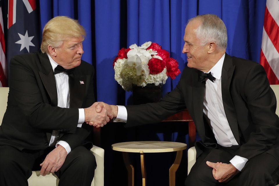 US president Donald Trump with Australian prime minister Malcolm Turnbull (Pablo Martinez Monsivais/AP)