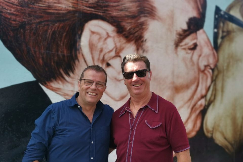 Old friends Paul Howard, left, and Roddy Collins find themselves in Berlin in High Road, Low Road. Photo: RTÉ