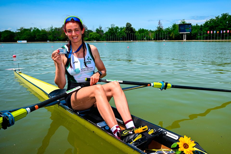 Fiona Murtagh of Ireland celebrates with her silver medal after the women’s single sculls 'A' final at the 2025 European Rowing Championships in Plovdiv. Photo: Sportsfile