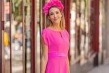 thumbnail: 'Valeria' pink dress, accessorised with a feathered headpiece by Deb Fanning