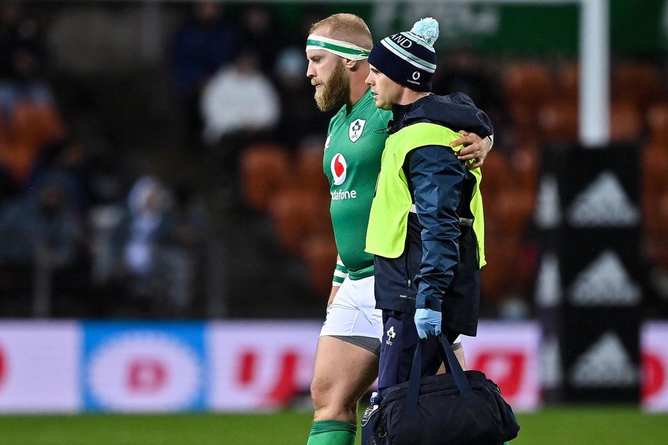 Jeremy Loughman leaves the field against New Zealand Maori for a Head Injury Assessment. Image: Sportsfile.