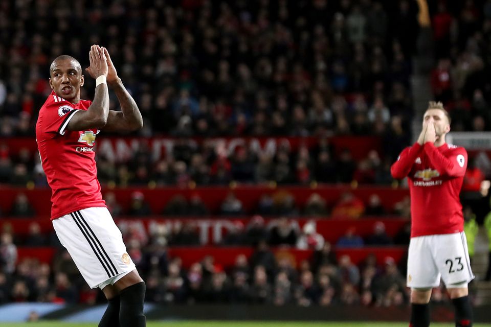 Manchester United's Ashley Young, left, and Luke Shaw react to a missed shot at a goal during the draw with Southampton