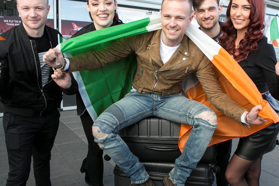 Nicky Byrne with backing band Ian White,Jennifer Healy,Janet Grogan and Jason Boland  pictured in Dublin Airport Prior to his departure to Represent Ireland in The Eurovision Song Conters in Sweden. Photo: Kyran O'Brien
