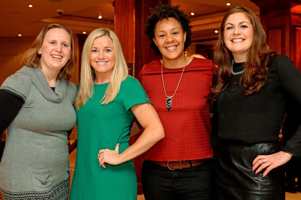 22 December 2014; Ireland women's rugby players from left, Laura Guest, Sharon Lynch, Sophie Spence and Fiona Coghlan during the Croke Park Hotel / Irish Independent Sportstar of the Year Luncheon 2014. The Westbury Hotel, Dublin. Picture credit: Barry Cregg / SPORTSFILE
