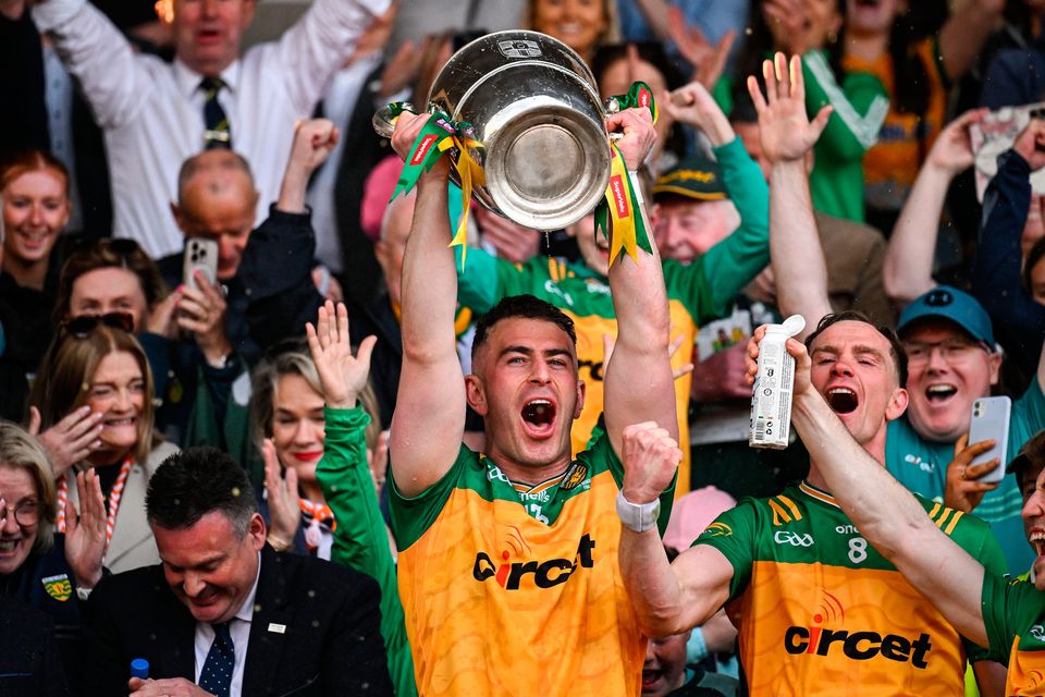 Donegal captain Patrick McBrearty lifts the cup after winning the Ulster SFC final against Armagh at St Tiernach's Park in Clones, Monaghan. Photo: David Fitzgerald/Sportsfile