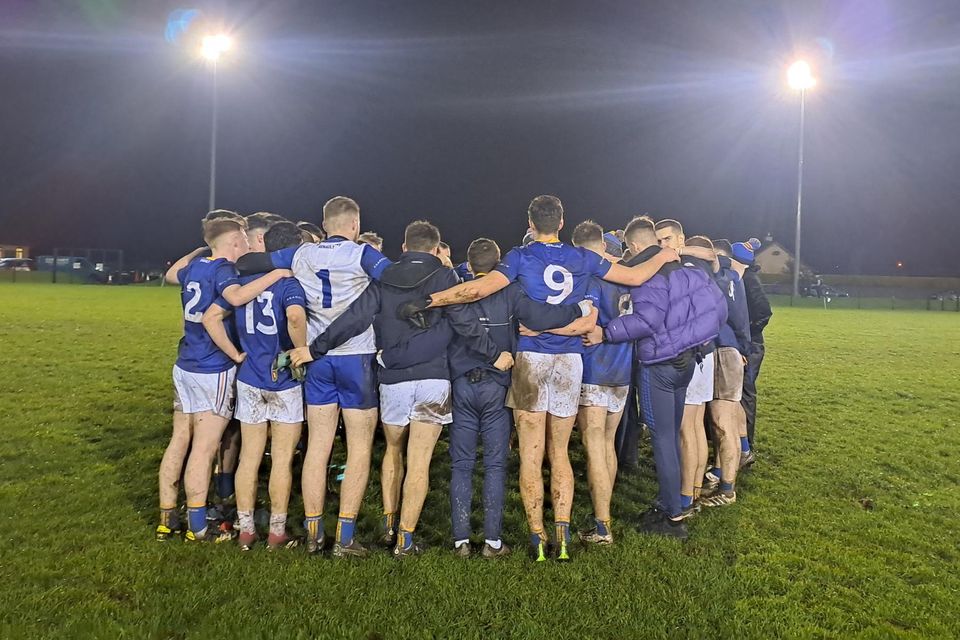 The Wicklow Under-20 footballers in their post-match huddle after their defeat at the hands of Dublin in the Leinster football championship.