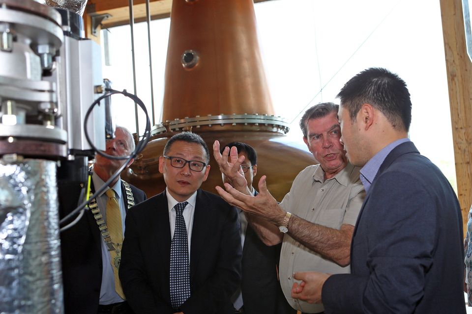 Pat Cooney of Boann Distillery with Drogheda Chamber of Commerce President Hubert Murphy and Mr. Fan Shi, Member of the Party Working Committee of Sichuan Tianfu New Area as Chinese Delegates visit to Drogheda Chamber of Commerce and Boann Distillery.