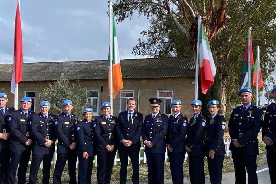 Minister James Browne, Garda Commissioner Drew Harris and gardaí stationed in Cyprus on peacekeeping duties.