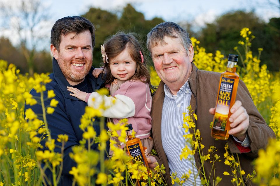 Eugene Larkin (right) with his son Barry (left) and granddaughter Holly (centre) at Glenfield Rapeseed Oil based in Birr, Co Offaly. Picture: Jeff Harvey