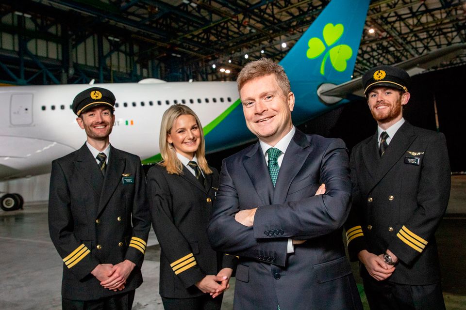 First Officer Niall McCauley;First Officer Laura Bennett;Sean Doyle, Aer Lingus Chief Executive;and First Officer Paul Deegan. Pic: Naoise Culhane