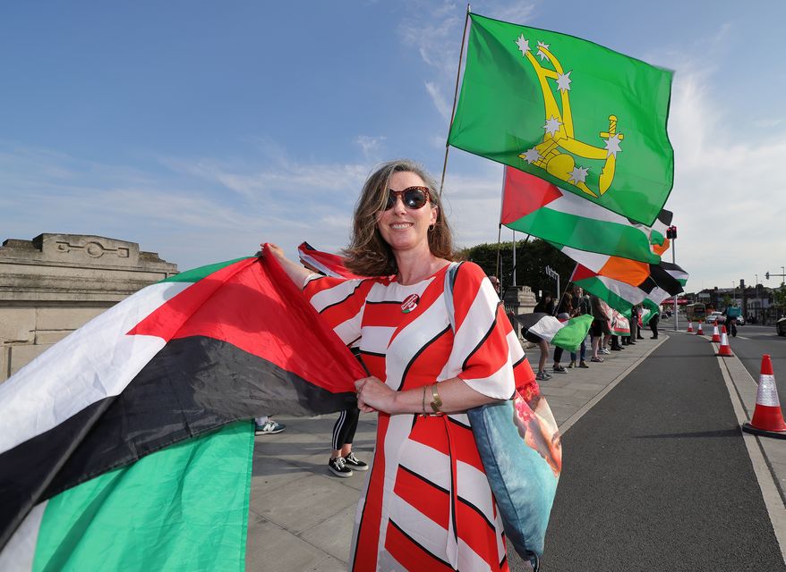Linda Kerr from Dublin waves a Palestine flag before the start of the Kneecap concert in Fairview Park last week. Photo: Frank McGrath