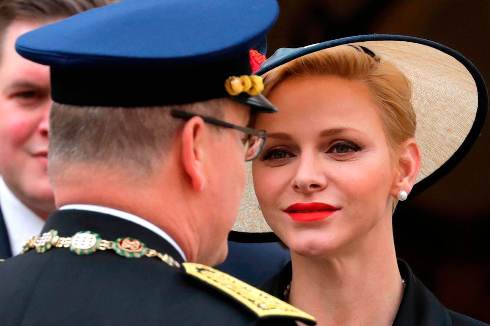 Prince Albert II of Monaco and his wife Princess Charlene attend the celebrations marking Monaco's National Day at the Monaco Palace