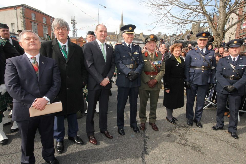 The 1916Commemorations in Enniscorthy are described as being among Ambassador Jones’ proudest moments. Pictured at the event in 2016 are Brendan Howlin TD, John Carley of Wexford County Council, Minister Paul Kehoe, Chief Supt. John Roche, Major General, Kieran Brennan, Barbara Jones, Assistant Garda Commissioner Fintan Fanning and Supt. Jim Doyle