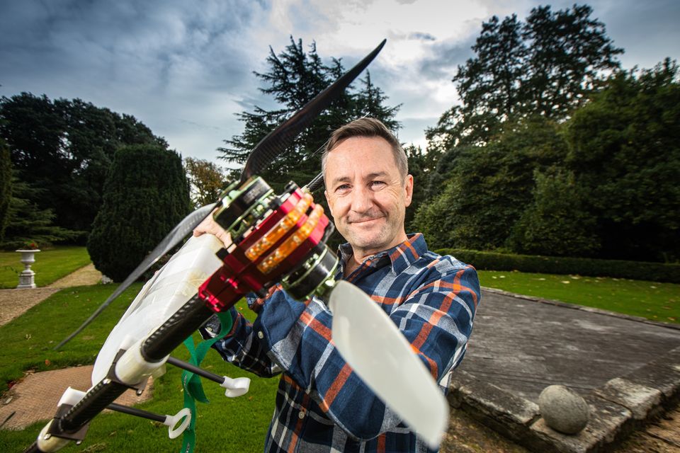 Entrepreneur Bobby Healy with one of the Manna drones. Photo: Mark Condren