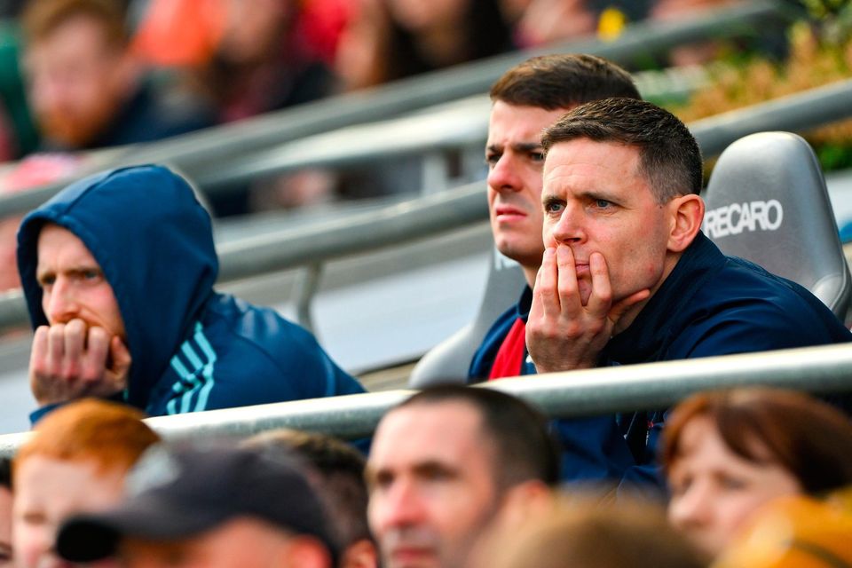 Dublin substitute Stephen Cluxton, right, watches the second half of Division 2 match against Louth on Sunday. Photo by Ray McManus/Sportsfile