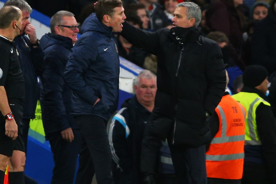 Phil Parkinson the manager of Bradford City is congratulated by Jose Mourinho