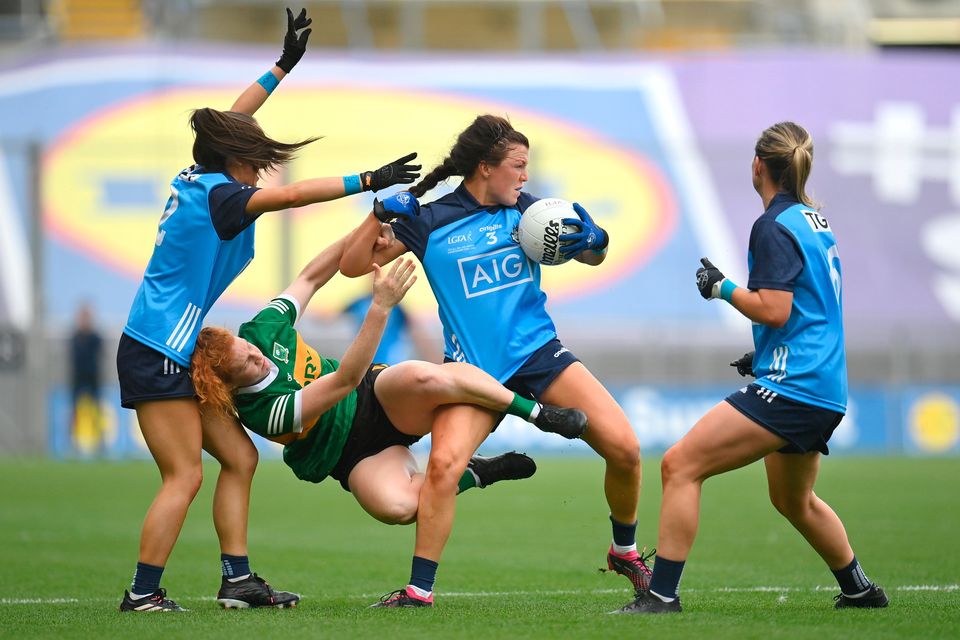 Leah Caffrey of Dublin in action against Louise Ní Mhuircheartaigh of Kerry during the 2023 TG4 All-Ireland Ladies Senior Football Championship final at Croke Park in Dublin. Photo by Seb Daly/Sportsfile