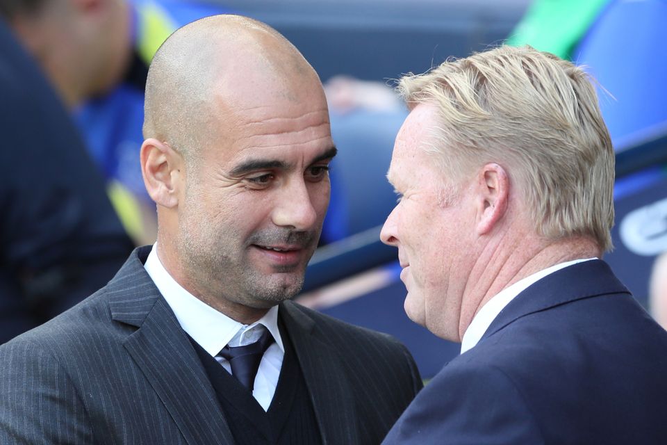 Manchester City manager Pep Guardiola, left, and Everton manager Ronald Koeman, right, are good friends from their Barcelona days