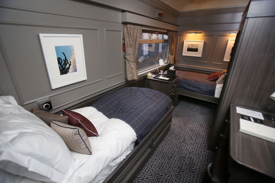 One of the bedrooms on board the  Belmond Grand Hibernian, pictured after it arrived into Heuston Station. Photo: Leon Farrell/Photocall Ireland.
