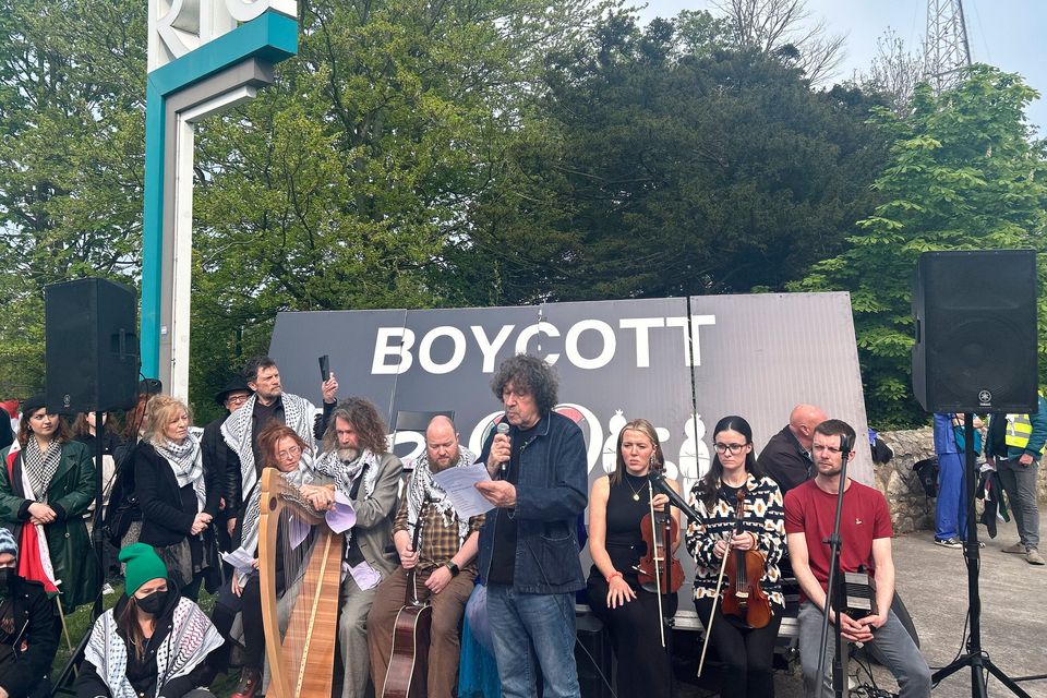 Actor Stephen Rea reads a poem as part of a protest calling for Ireland to boycott Eurovision in front of RTÉ (Cillian Sherlock/PA Wire)
