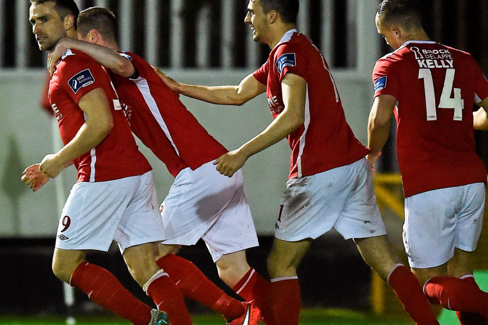 St Patrick’s Athletic’s Christy Fagan (l) celebrates after scoring his side’s first goal with teammates Ian Bermingham, Mark Timlin and Graham Kelly during their SSE Airtricity League Premier Division match against Sligo Rovers at Richmond Park last night. Photo: David Maher/Sportsfile