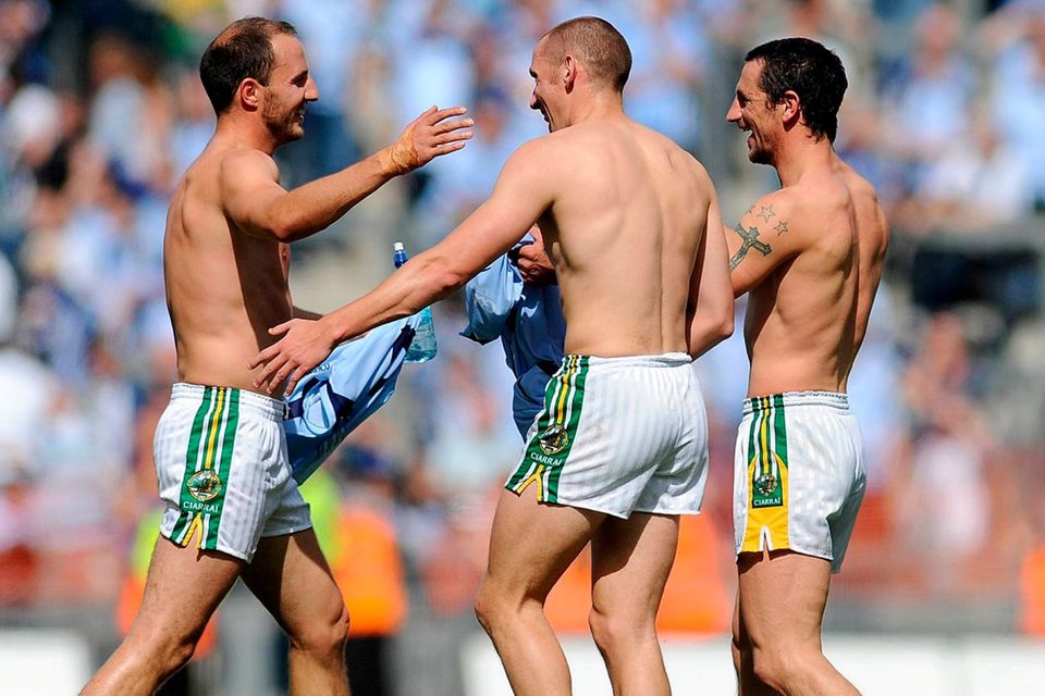 Kerry’s Tadhg Kennelly, Seán O’Sullivan and Paul Galvin celebrate after defeating Dublin
in the 2009 All-Ireland SFC quarter-final at Croke Park. Pic: Sportsfile