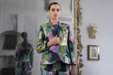 thumbnail: Statement tailored tuxedo in an abstract vibrant French jacquard (€1,300) worn with matching tailored trousers (€750) from Carolyn O'Sullivan's Not Another White Dress label. Picture: Patrick McHugh