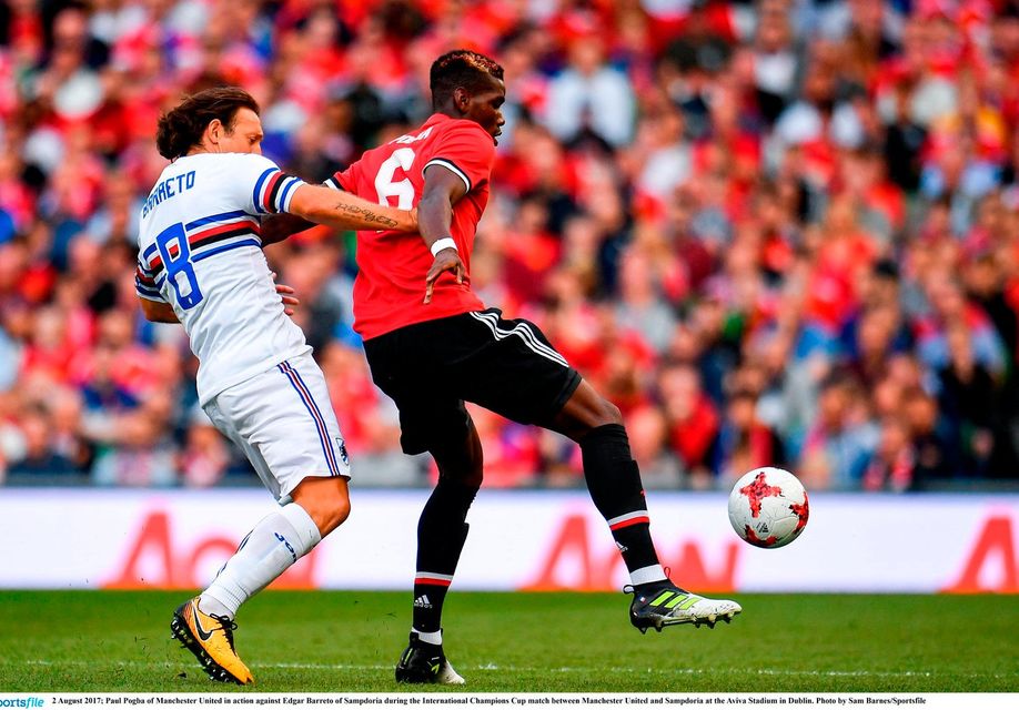 Paul Pogba of Manchester United in action against Edgar Barreto of Sampdoria during the International Champions Cup match between Manchester United and Sampdoria at the Aviva Stadium in Dublin. Photo by Sam Barnes/Sportsfile