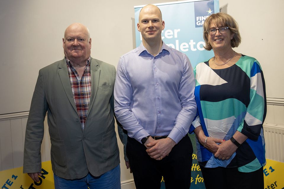 Peter Stapleton with his parents, Richard and Naomi Stapleton, at the launch of his local election campaign in the Courthouse Art Centre, Tinahely. Photo: Joe Byrne