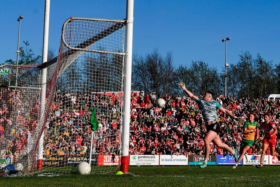Derry goalkeeper Odhrán Lynch is beaten by a shot from Donegal's Daire Ó Baoill of Donegal (not pictured). Photo: Stephen McCarthy/Sportsfile