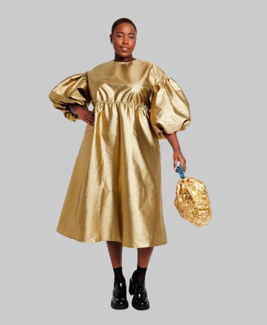 Kika Vargas x Target gold midi dress, €90 rental, Happy Days