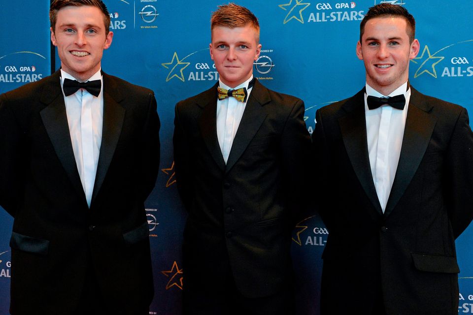 24 October 2014; Tipperary hurlers, from left, Shane McGrath, Paul Morris and Cathal Barrett at the GAA GPA All-Star Awards 2014, sponsored by Opel, in the Convention Centre, Dublin. Picture credit: Brendan Moran / SPORTSFILE