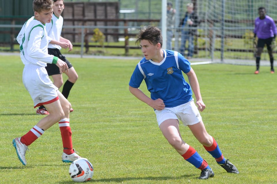 19/05/15.Daniel Stewart during the Under 15s soccer final between Colaiste Phadraig CBS and Templeouge College at Peamount Utd.
Pic: Justin Farrelly.