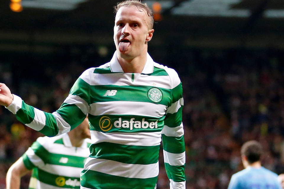 Celtic’s Leigh Griffiths celebrates opening the scoring against Astana last night. Photo: PA