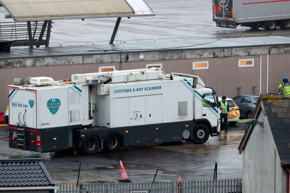 Geared up: A customs X-ray scanner vehicle at Rosslare Europort, awaiting the arrival of the Stena Line ferry. Photo: Niall Carson/PA Wire