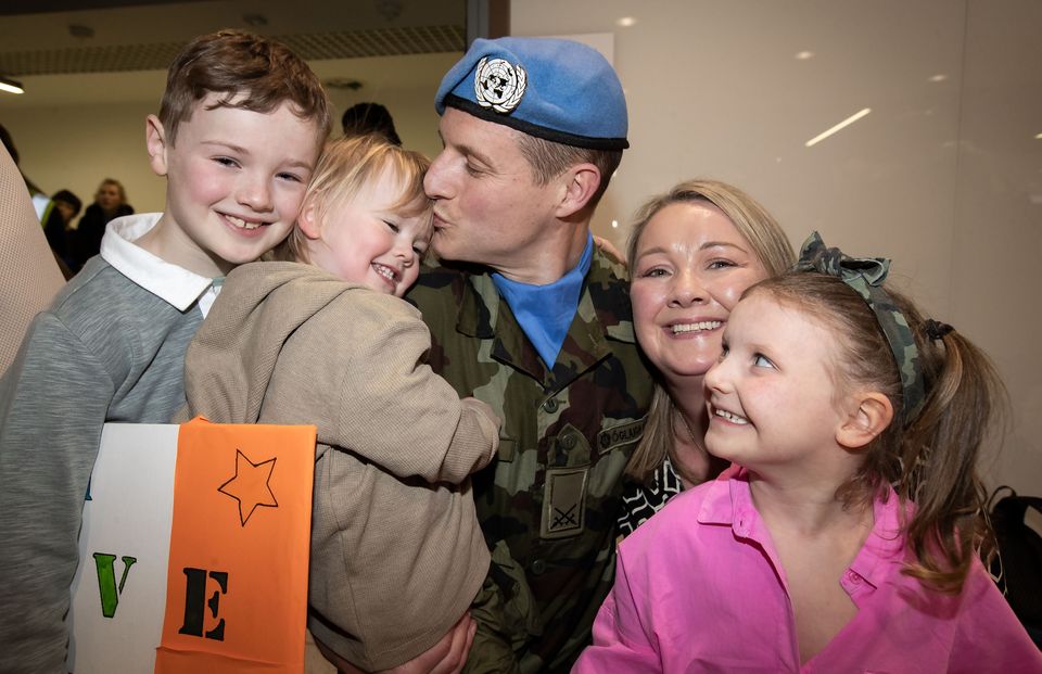 Paul Conlon, from Roscommon, his children, Senan, Oisin and Saoirse  and wife Brenda pictured this evening at Dublin airport where over 120 Irish troops from the 68th Infantry Group, United Nations Disengagement Observer Force (UNDOF) returned home. Collins Dublin